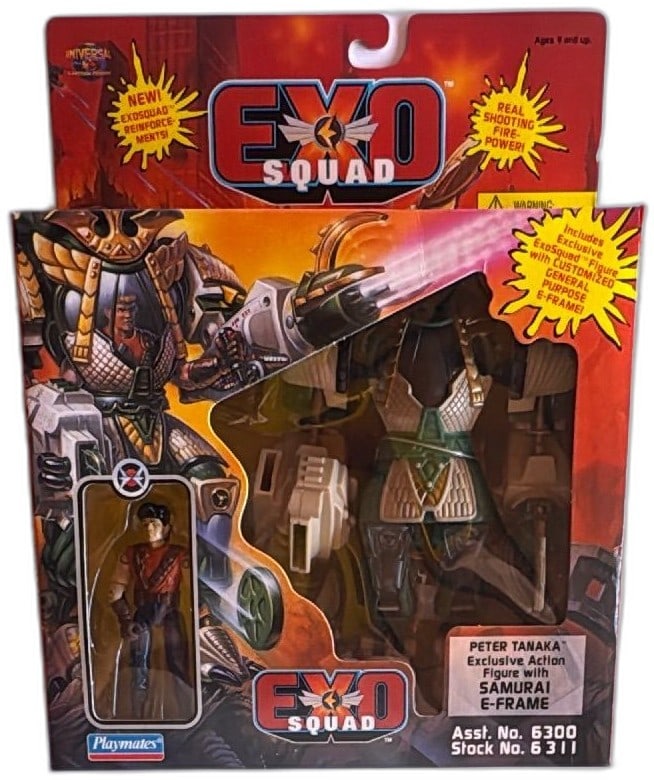 Exosquad Peter Tanaka Samurai E-Frame Action Figure 1995 Playmates MOC: Exosquad Peter Tanaka action figure with Samurai E-Frame by Playmates, 1995, sealed in original packaging. Features exclusive ExoSquad figure, customized E-Frame, and real shooting firepower. Highly d