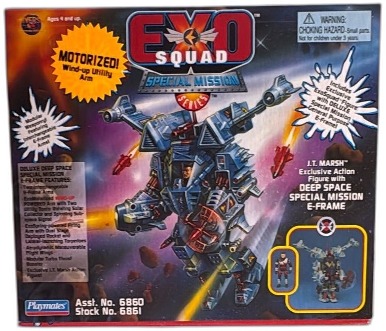 Exosquad J.T. Marsh Deep Space Special Mission E-Frame 1995 Playmates Sealed: Exosquad J.T. Marsh Deep Space Special Mission E-Frame action figure set, Playmates 1995, new and sealed in box. Features motorized wind-up utility arm, interchangeable E-frame arms, and exclusive J.T