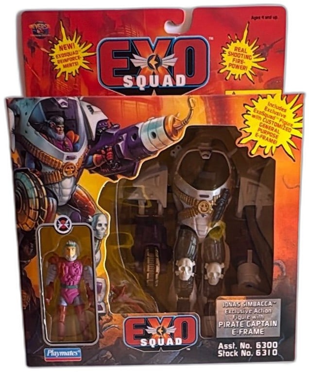 Exosquad Jonas Simbacca Pirate Captain E Frame Action Figure Playmates 1995 MI: Exosquad Jonas Simbacca action figure with Pirate Captain E-Frame, Playmates 1995, mint in box. Features custom armor with skull details, spring-fired missiles, and unique pirate accessories. Figure a