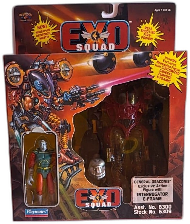 Exosquad General Draconis Action Figure Interrogator E Frame 1995 Playmates: Exosquad General Draconis action figure with Interrogator E-Frame by Playmates, 1995. Features Neosapien figure and spring-firing mech, ideal for 90s toy collectors. Unopened package shows minor edge 