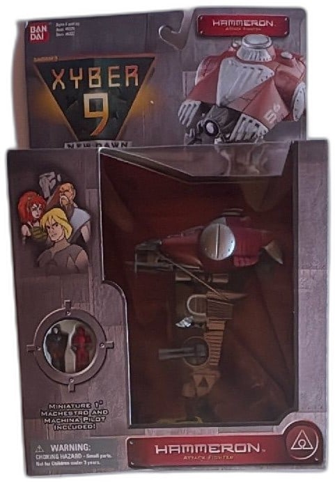Xyber 9 New Dawn Hammeron Attack Fighter Bandai 1999 Machestro Pilot MOC: Xyber 9 New Dawn Hammeron Attack Fighter by Bandai, 1999. Includes miniature 1" Machestro and Machina pilot figures. Sealed in original packaging, this collectible toy features missile firing action a