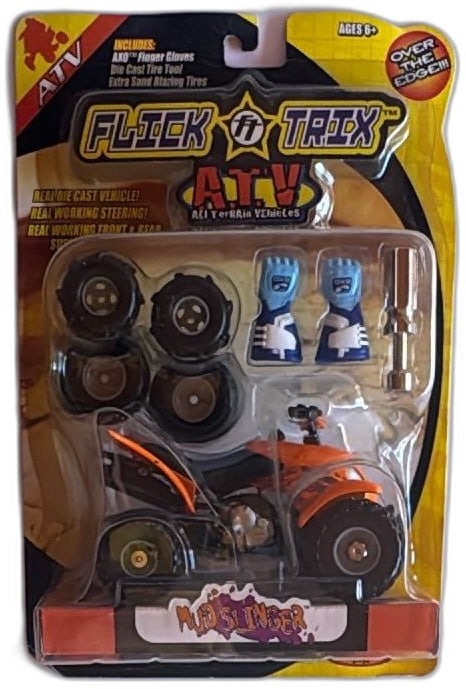 Flick Trix ATV Mud Slinger Die Cast Toy Spin Master 2001 New Sealed Orange: Flick Trix ATV Mud Slinger die-cast toy by Spin Master, released 2001, collectible mini all-terrain vehicle. Includes ATV, extra sand tires, OXE finger gloves, die-cast tool, all in original factory-s
