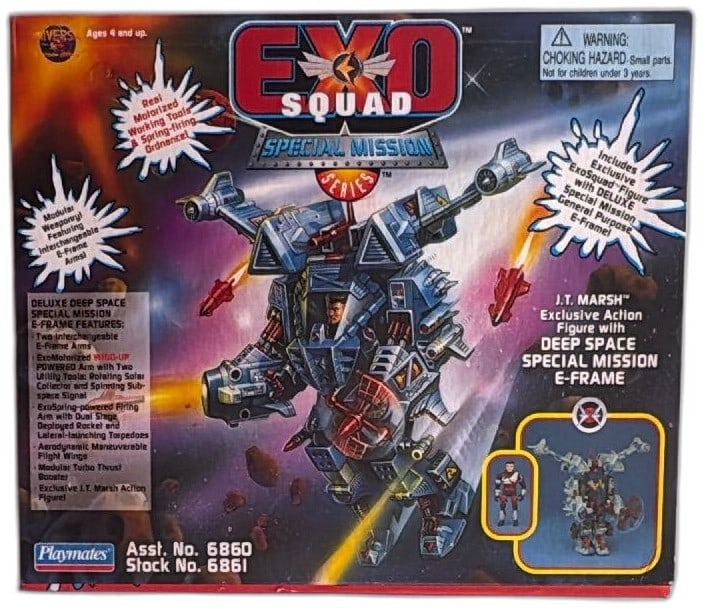 Exosquad J.T. Marsh Deep Space Special Mission EFrame Playmates 1995 MIB: Exosquad J.T. Marsh with Deep Space Special Mission E-Frame, Playmates 1995. Includes exclusive action figure and deluxe E-Frame with motorized tools and spring-firing ordnance in original box. Box is