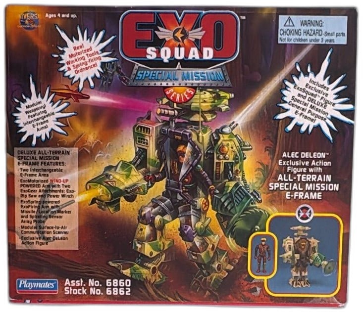 Exosquad Alec DeLeon Special Mission E Frame Deluxe Playmates 1995 New Boxed: Exosquad Alec DeLeon Special Mission All-Terrain E-Frame Deluxe by Playmates, released 1995, in original unopened box. Features wind-up action arms, modular weapons, and exclusive figure, with bright 