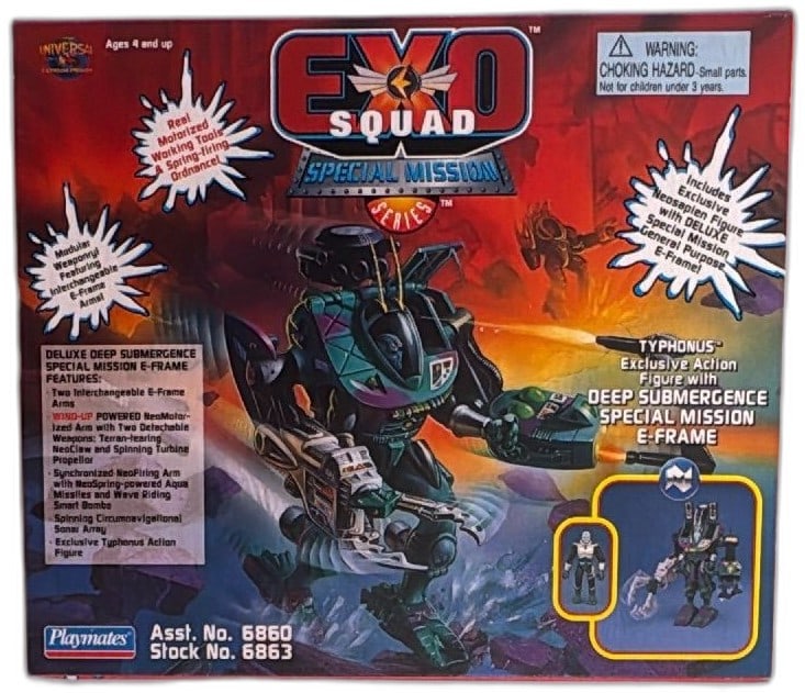 Exosquad 1995 Typhonus Deep Submergence Special Mission E Frame Playmates MIB: Exosquad 1995 Typhonus Deep Submergence Special Mission E-Frame by Playmates. Features exclusive Neosapien Typhonus figure, modular weaponry, wind-up action, interchangeable arms, and deluxe accessori