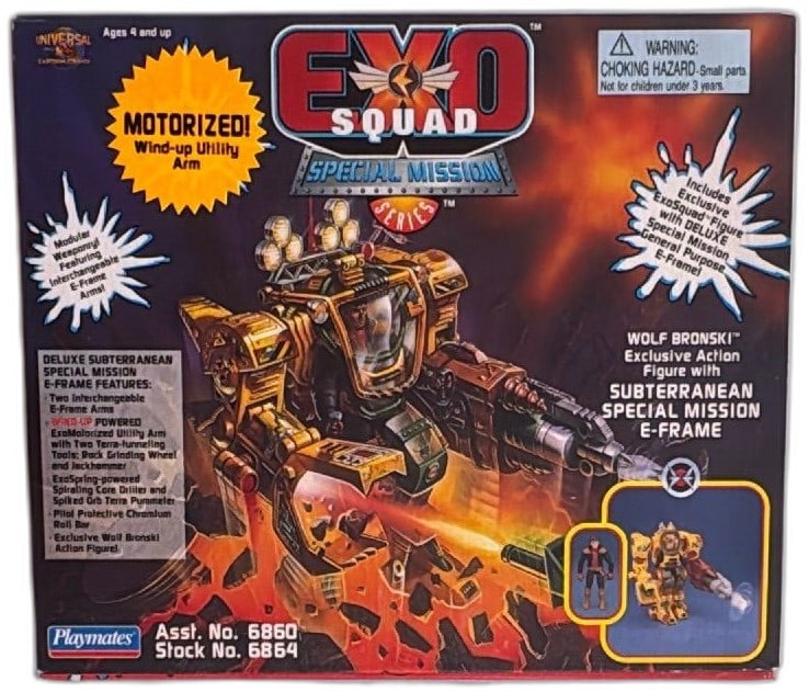 Exosquad Wolf Bronski Subterranean Special Mission E Frame Playmates 1995 NIB: Exosquad Wolf Bronski Subterranean Special Mission E-Frame by Playmates, 1995, new in box. Includes exclusive Wolf Bronski action figure and motorized wind-up E-Frame with modular, interchangeable arm