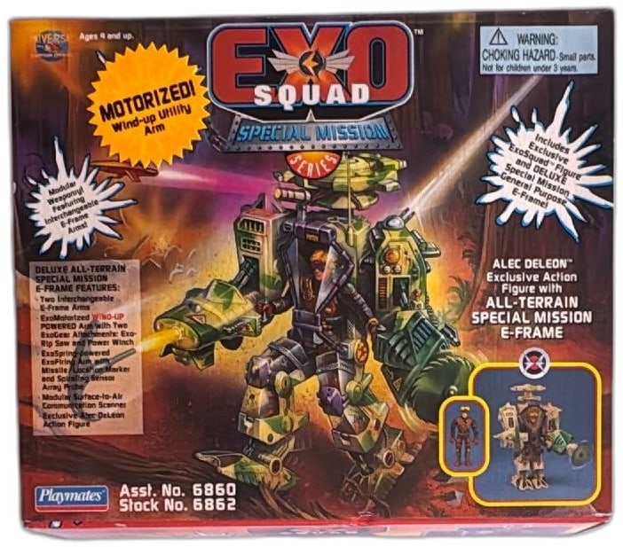 Exosquad Special Mission EFrame Alec DeLeon Playmates 6860 1995 New In Box: Exosquad Special Mission E-Frame Deluxe set, Playmates 1995, includes Alec DeLeon exclusive action figure and all-terrain motorized E-Frame. Features wind-up utility arm, modular design, exclusive wea