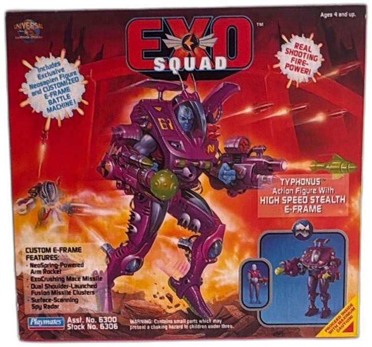 Exosquad Typhonus High Speed Stealth E Frame Action Figure Boxed 1993 Playmate: Exosquad Typhonus High Speed Stealth E-Frame action figure set by Playmates, 1993. Includes exclusive Neosapien figure and customizable battle machine in original, sealed box. Features NeoSpring arm r