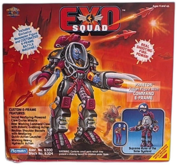 Exosquad Phaeton Command E-Frame Action Figure Playmates 1993 Sealed Box: Exosquad Phaeton Command E-Frame action figure by Playmates, 1993 original release, factory sealed box. Includes exclusive Neosapien figure and custom mobile land and air command exoframe with firing 