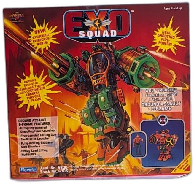 Exosquad Wolf Bronski Ground Assault E-Frame Action Figure Playmates 1994 MIB: Exosquad Wolf Bronski action figure with Ground Assault E-Frame, Playmates 1994, mint in box. Features ExoSpring grappling hook, missile launcher, and rotating ExoLaser. Box shows original artwork, bl