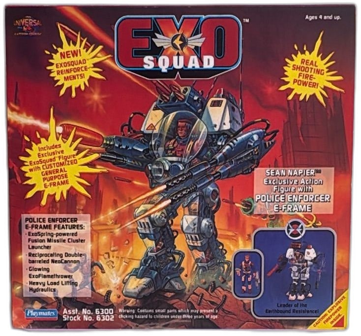 ExoSquad Sean Napier Police Enforcer E-Frame Action Figure Playmates 1994: Vintage ExoSquad Sean Napier with Police Enforcer E-Frame by Playmates, 1994. Includes exclusive Sean Napier action figure and customized battle mech suit with accessories in original illustrated box.