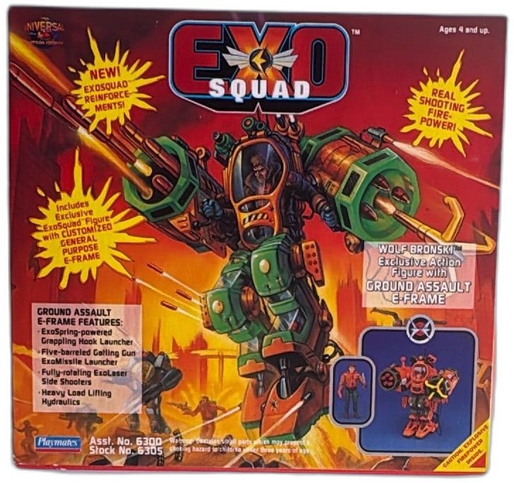 Exosquad Wolf Bronski Ground Assault E Frame Action Figure Playmates 1994 MIB: Exosquad Wolf Bronski Ground Assault E-Frame action figure by Playmates, 1994. Includes exclusive figure with customized general purpose E-Frame, detailed weapon accessories, and illustrated box. Vint