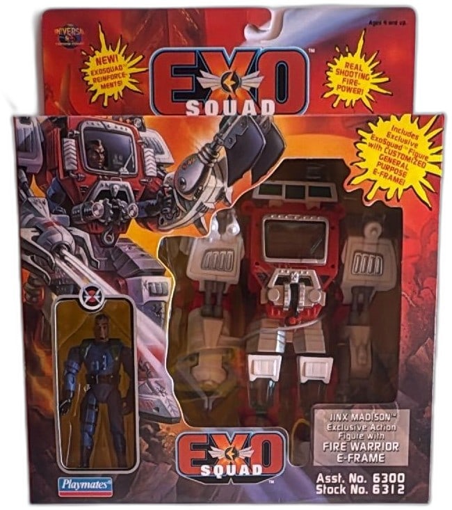 ExoSquad Jinx Madison Fire Warrior E-Frame Action Figure Playmates 1995 MOC: ExoSquad Jinx Madison with Fire Warrior E-Frame action figure by Playmates, 1995, new on card. Features exclusive figure and customizable E-Frame robot with real shooting firepower. Sealed package wit