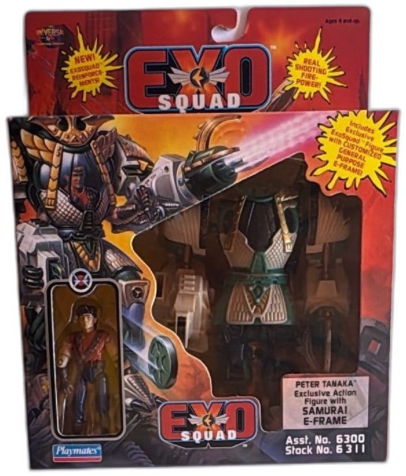 ExoSquad Peter Tanaka Samurai E-Frame Action Figure MOC 1995 Playmates: ExoSquad Peter Tanaka Exclusive Action Figure with Samurai E-Frame, sealed on original 1995 Playmates blister card. Features ExoSpring-launched yari spears, star blaster, and samurai armor. Card shows