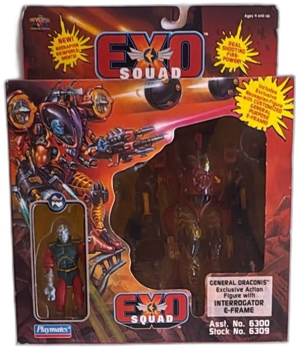 Exosquad General Draconis Interrogator E-Frame Action Figure 1995 Playmates: Exosquad General Draconis action figure with Interrogator E-Frame by Playmates from 1995, mint in original packaging. Vintage collectible toy features exclusive General Draconis pilot and detailed E-F