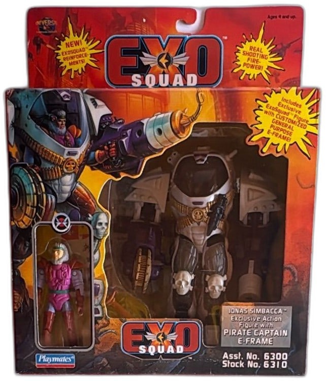 ExoSquad Jonas Simbacca Pirate Captain E Frame Action Figure Playmates 1995: ExoSquad Jonas Simbacca figure with Pirate Captain E-Frame by Playmates, released in 1995. Vintage collectible in original packaging, never opened. Features customized general purpose E-Frame with sku