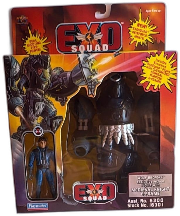 Exosquad Wolf Bronski Medieval Knight E Frame 1995 Playmates Sealed MOC: Exosquad Wolf Bronski exclusive action figure with Medieval Knight E-Frame by Playmates, 1995. Mint on card, never opened. Features ExoSpring-powered Circo-Mace Missile, NeoPiercing Laser-launching La