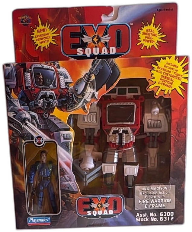 Exosquad Jinx Madison Fire Warrior E Frame Action Figure Playmates 1995 New: Exosquad Jinx Madison action figure with Fire Warrior E-Frame by Playmates Toys 1995, new in original package. Features ExoSpring-powered flamethrower, dual fire axes, and Hydro Cannon. Licensed by Un