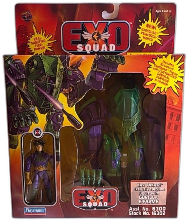ExoSquad Kaz Takagi Action Figure With Gorilla E-Frame Playmates 1995 New: ExoSquad Kaz Takagi exclusive action figure with Gorilla E-Frame by Playmates, released 1995. Vintage sci-fi collectible features purple and green articulated figure and battle-ready E-Frame with uniq