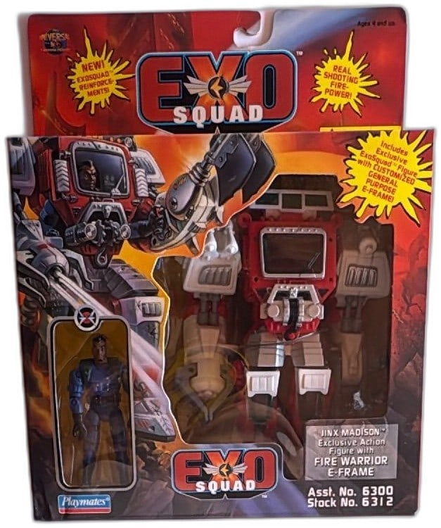 ExoSquad Jinx Madison Fire Warrior E-Frame Action Figure 1995 Playmates Sealed: ExoSquad Jinx Madison Fire Warrior E-Frame action figure by Playmates, 1995, factory sealed. Includes exclusive Jinx Madison figure and customized E-Frame mech suit with shooting features. Colorful, c