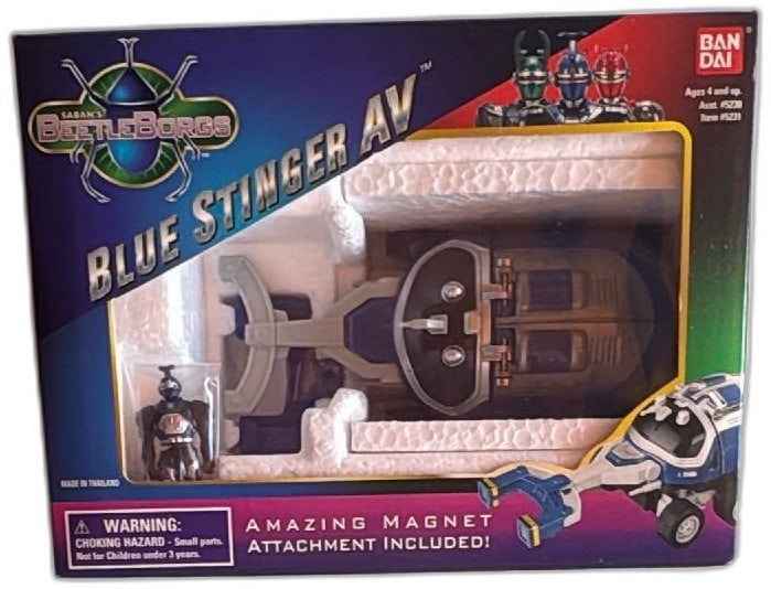 1996 Bandai Saban BeetleBorgs Blue Stinger AV Vehicle Magnet NIB Sealed Vintag: 1996 Bandai Saban BeetleBorgs Blue Stinger AV vehicle with magnet attachment, new in box. Iconic 90s collectible toy, features Blue Stinger Beetleborg mini-figure and vehicle with cockpit, original pa