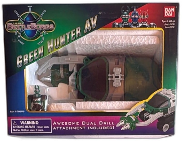 Bandai Beetleborgs Green Hunter AV 1996 Dual Drill Vehicle New in Box: Bandai Beetleborgs Green Hunter AV 1996 toy vehicle, features dual drill attachment, cockpit for Green Hunter Beetleborg figure, and flexible suspension. Comes new and sealed in original box with all 