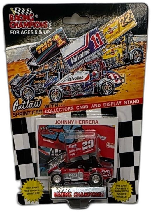 Racing Champions 1993 Johnny Herrera Outlaw Sprint Car Diecast New Sealed: Racing Champions 1993 Johnny Herrera Outlaw Sprint Car diecast, new in original sealed packaging. Features diecast chassis, deluxe wheels, #29 livery, and collector card. Vibrant red color with sponso