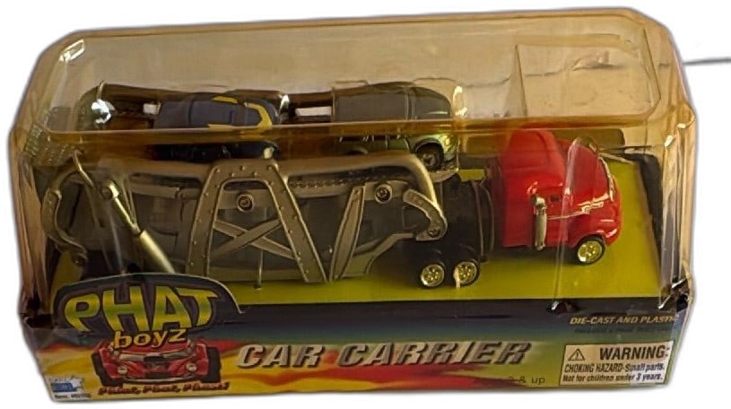 Phat Boyz Car Carrier Die-Cast Toy Truck With Cars 2003 Simple Wishes New: Phat Boyz Car Carrier Die-Cast and Plastic Toy Truck with cars, 2003 Simple Wishes Inc. Full-size steerable carrier holds up to 6 Phat Boyz cars; includes at least 2 cars in package. Red truck cab wit