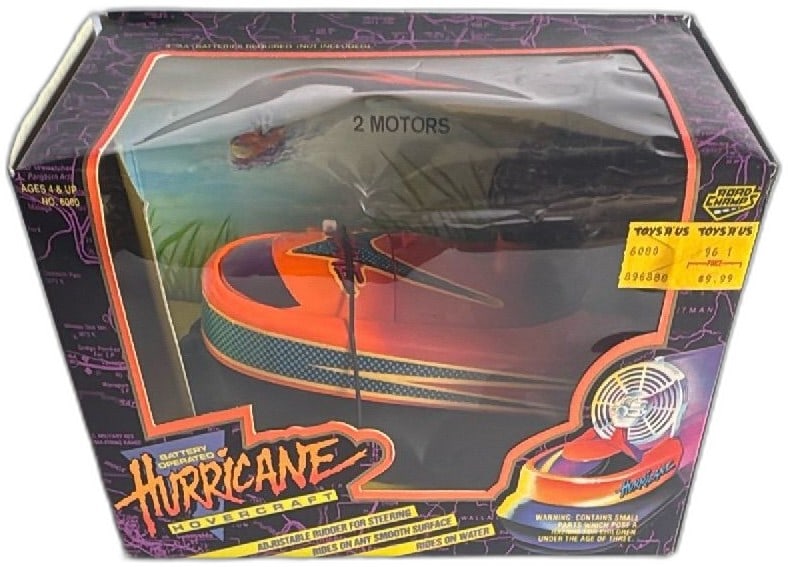 1993 Road Champs Hurricane Hovercraft Battery Operated Toy New In Box Rare: Vintage 1993 Road Champs Hurricane Hovercraft toy, battery operated, new in box. Collectible hovercraft features two motors, adjustable rudder for steering, and is designed to ride on water or any smo