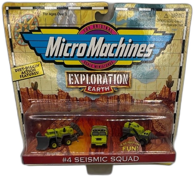 Micro Machines Exploration Earth 4 Seismic Squad 1997 GalooB New On Card: Micro Machines Exploration Earth #4 Seismic Squad set by GalooB 1997, includes Humvee, Auger Excavator, and Backhoe miniatures on sealed original card. Features dirt-diggin' action for excavation fun.