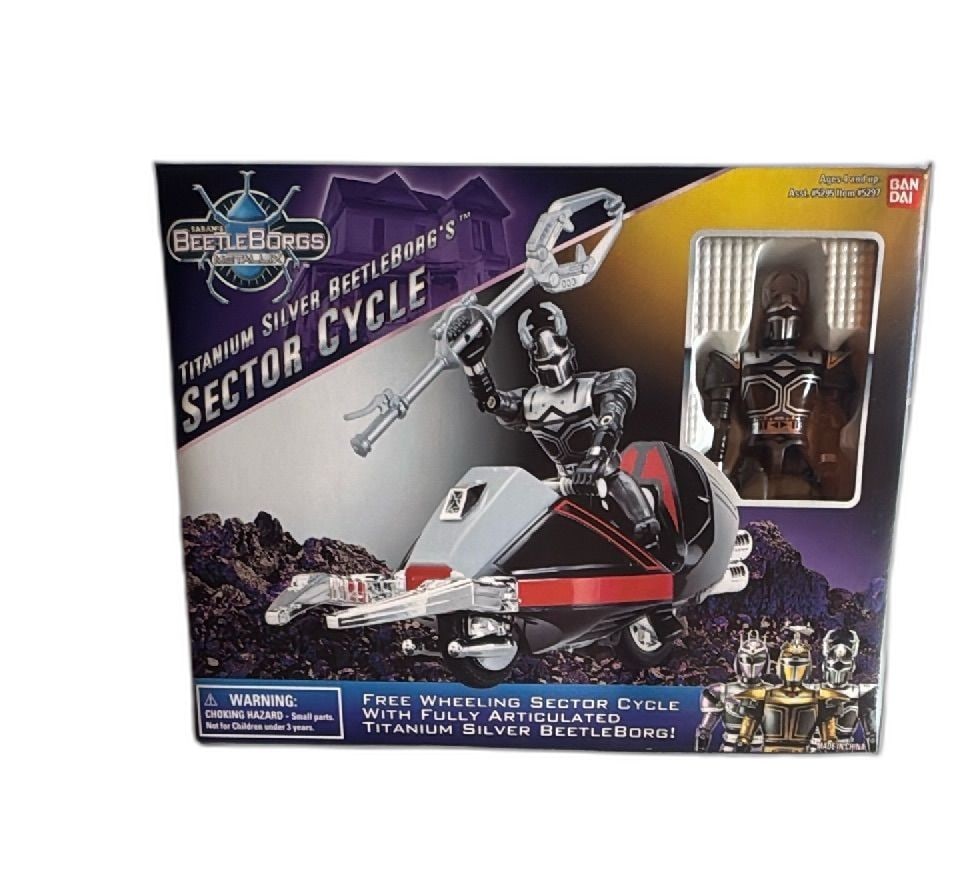 1997 Bandai BeetleBorgs Metallix Titanium Silver BeetleBorg Sector Cycle New: BeetleBorgs Metallix Titanium Silver BeetleBorg Sector Cycle by Bandai, released in 1997. Features a free wheeling Sector Cycle vehicle and a fully articulated Titanium Silver BeetleBorg action figure