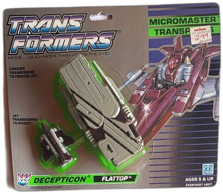 Transformers Micromaster Decepticon Flattop 1988 Hasbro MOC Vintage Toy: Transformers Micromaster Decepticon Flattop 1988 Hasbro vintage toy, mint on card. Features Flattop Micromaster jet/figure and aircraft carrier, both transformable. Original packaging with Kay Bee Toy