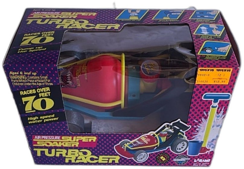 1994 Larami Super Soaker Turbo Racer Air Pressure Water Car New In Box Rare: Vintage 1994 Larami Super Soaker Turbo Racer air pressure-powered water car toy new in original sealed box. Features include high-speed water propulsion, hand pump, and racer design that travels over 