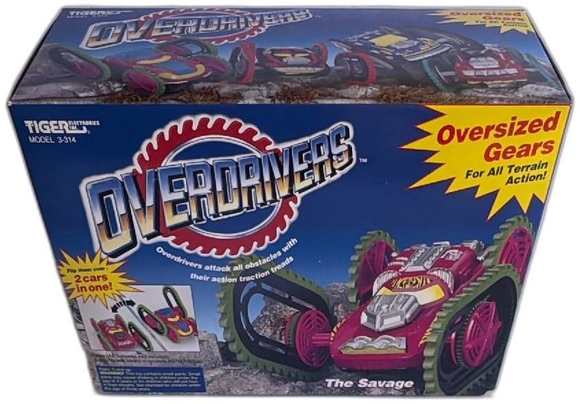 Tiger Electronics Overdrivers The Savage 1993 New Sealed Vintage Flip Remote Car: Tiger Electronics Overdrivers The Savage 1993 new sealed vintage all-terrain motorized flip car oversize gears 2 in 1. Features action traction treads, oversized gears, and durable plastic. Box art hi