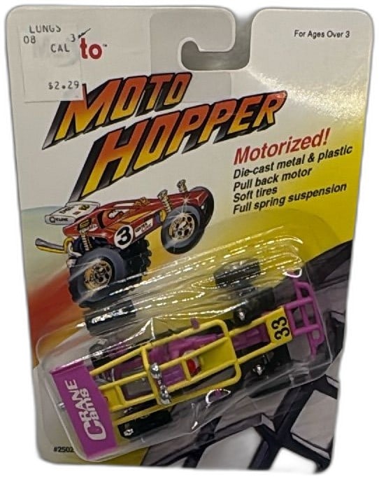 Maisto Moto Hopper 1993 Motorized Pull Back Off Road Car Yellow Purple 33 NIP: Vintage Maisto Moto Hopper die-cast metal and plastic off-road car, model #25027 from 1993. Features include a motorized pull-back motor, soft tires, full spring suspension, and number 33 decal. Brigh