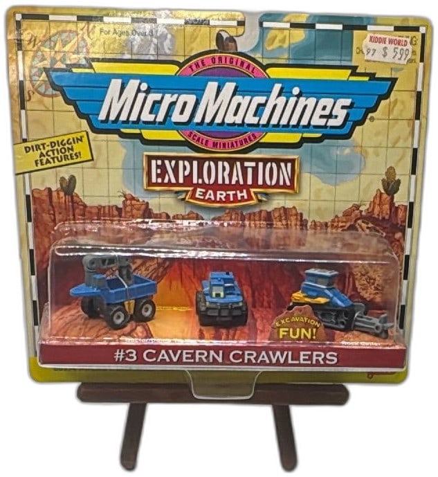 Micro Machines Exploration Earth Cavern Crawlers 1997 Galoob New Sealed: Micro Machines Exploration Earth #3 Cavern Crawlers by Galoob, released in 1997. Features three blue miniature off-road construction vehicles with "dirt-diggin'" action, factory sealed on card. Origin