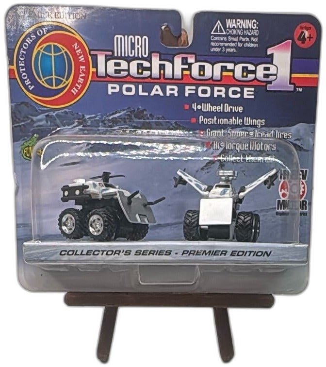 Micro TechForce 1 Polar Force Premier Edition Funline 1997 New Sealed: Micro TechForce 1 Polar Force Premier Edition from Funline, 1997, features arctic-themed futuristic explorer vehicles with 4-wheel drive, positionable wings, and giant tread tires. Factory sealed on c
