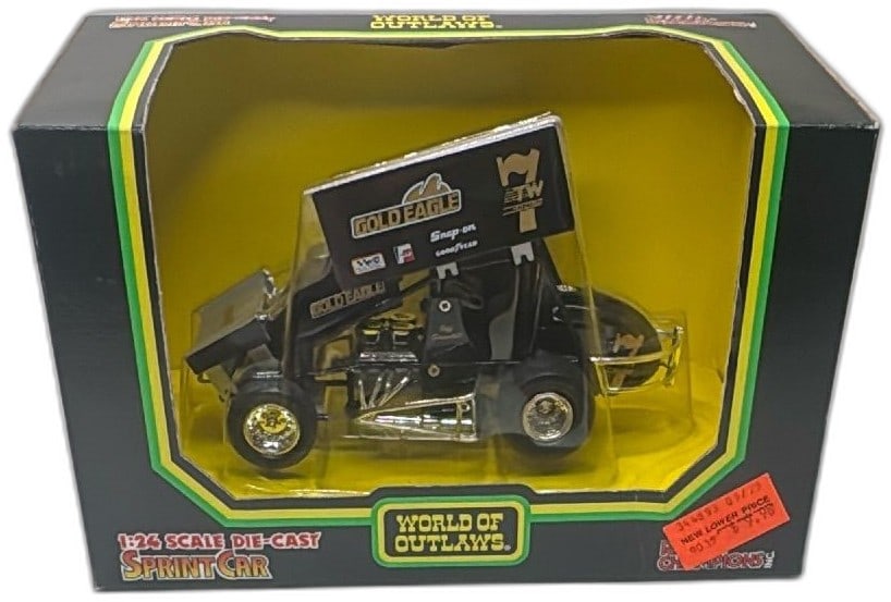 Racing Champions 1:24 World Of Outlaws Sprint Car Jeff Swindell Gold Eagle 199: Racing Champions 1:24 scale die-cast World of Outlaws Sprint Car, Jeff Swindell Gold Eagle edition, released in 1994. Features authentic sponsor logos, detailed black and gold design, and original win