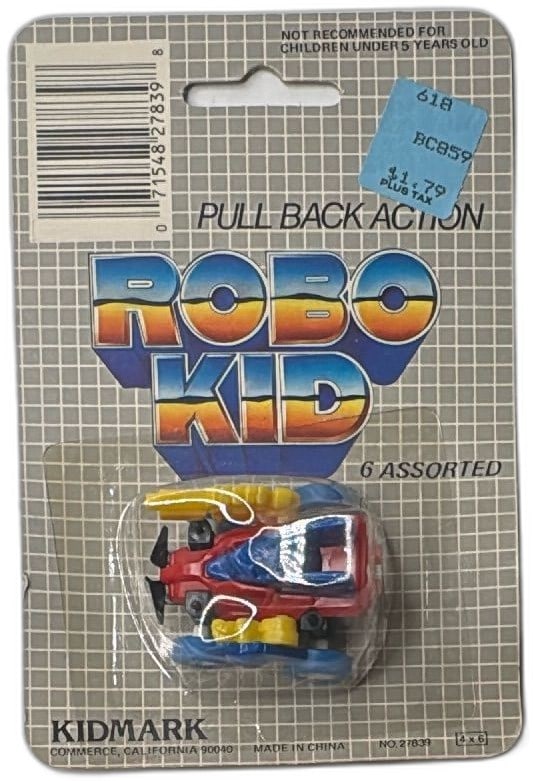 Vintage Kidmark Robo Kid Pull Back Action Toy Car New Sealed 1980s Red Blue: Vintage Kidmark Robo Kid pull back action toy car, new and sealed in original packaging from the 1980s. Features classic bright 1980s color scheme: red, blue, and yellow plastic body. Compact size wit