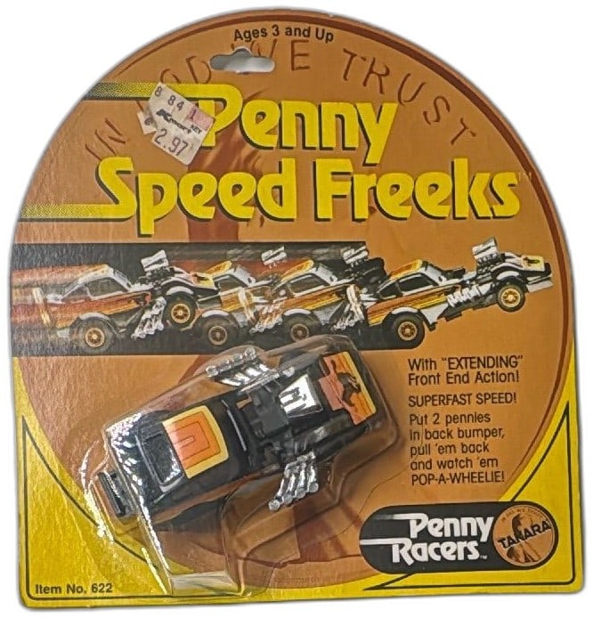 1982 Takara Penny Racers Speed Freeks Extending Car No 622 Sealed Vintage: Vintage Takara Penny Racers Speed Freeks Extending Car from 1982, item number 622, new and sealed on original card. Retro die-cast collectible with pop-a-wheelie and front extending action. Features b