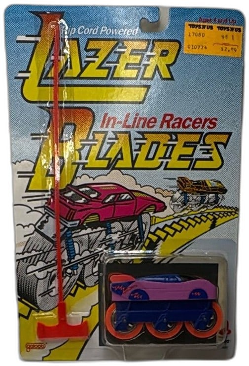 1992 Lazer Blades In-Line Racers Rip Cord Car Toy Boys Galoob New Sealed: Vintage 1992 Lazer Blades In-Line Racers by The Toy Boys, Galoob. Rip cord powered toy car still sealed in original packaging, never opened. Features a bright purple and blue body with red accents and