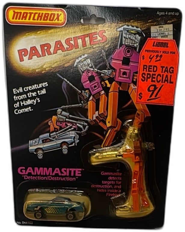 Matchbox Parasites Gammasite 1985 Unopened Detection Destruction Firebird: Vintage 1985 Matchbox Parasites Gammasite toy, mint on original card. Features “Detection/Destruction” robot and blue/yellow Firebird car, combining vehicle and transforming robot action. Coll