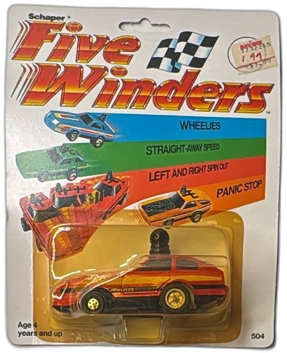 1984 Schaper Five Winders Turbo ZX Diecast Car MOC Red Yellow Vintage Toy: Vintage Schaper Five Winders Turbo ZX diecast car still mint on card, 1984 release, highly collectible toy car. Features red and yellow racing stripes, bold Turbo ZX graphics, and unique gear stick fo