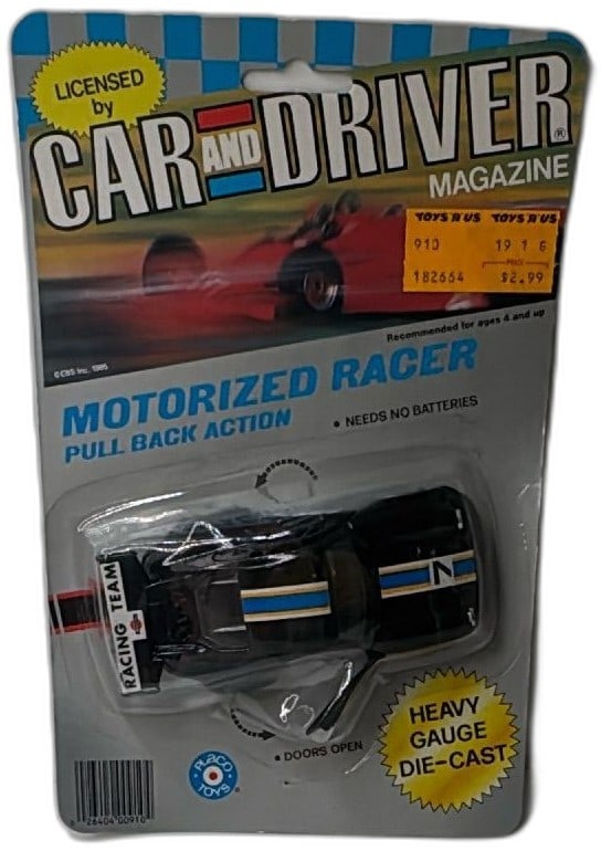 1987 Car And Driver Magazine Motorized Racer Diecast Pull Back Placo Toys: Vintage 1987 Car and Driver Magazine Motorized Racer by Placo Toys collectible diecast car. Features original sealed packaging, heavy gauge die-cast body, classic black color with blue and yellow raci