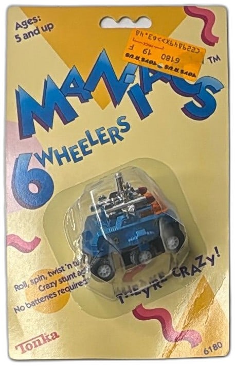 Tonka Maniacs 6 Wheelers 6180 Blue Vintage Diecast Toy Car 1985 Sealed: Vintage Tonka Maniacs 6 Wheelers model 6180, 1985 toy car, diecast blue stunt vehicle new and factory sealed in original blister pack. Features six wheels, chrome rocket launchers, and orange emergenc