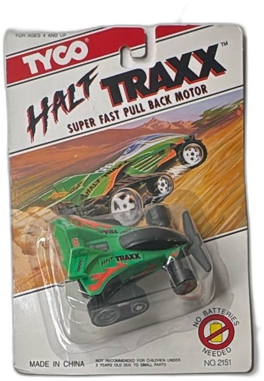 Tyco Half Traxx Super Fast Pull Back Motor Green Car 1992 New Sealed No 2151: Vintage Tyco Half Traxx Super Fast Pull Back Motor car, model No. 2151 from 1992, collectible toy for ages 4 and up. Featuring a striking green body with red and black accents, this model is factory-s