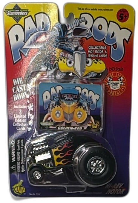 1999 Rad Rods Golden-Rod Diecast Car Laser Stamped Trading Cards Funline: Rad Rods Golden-Rod diecast hot rod car, 1999 Funline Merchandise Co., Inc. 1:43 scale. Collectible toy includes two limited edition trading cards with vibrant artwork, part of the Laser Stampeders se