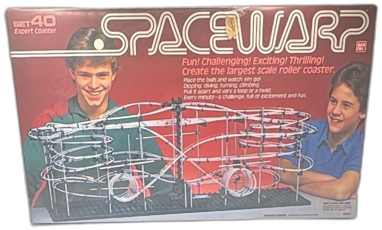 Bandai Spacewarp Set 40 Expert Coaster 1986 Vintage Marble Roller Kit: Bandai Spacewarp Set 40 Expert Coaster 1986 vintage marble roller coaster kit, complete in original box. Rare collectible STEM toy from Bandai America featuring modular black and white plastic tracks 