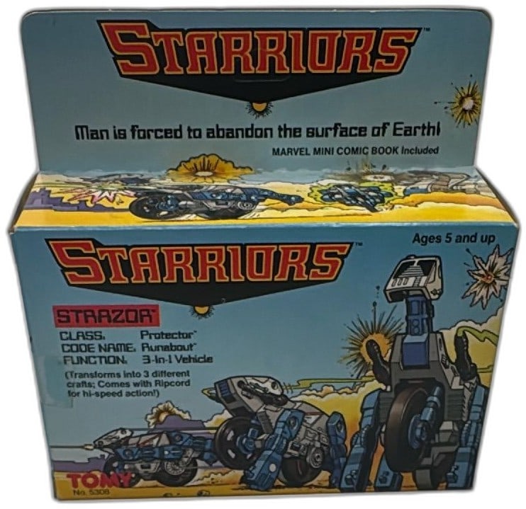 Starriors Strazor Protector 3-In-1 Vehicle 1984 Tomy Sealed Box Vintage: Vintage Tomy Starriors Strazor Protector 3-In-1 Vehicle Toy from 1984, collectible sealed box. Features bold retro artwork, original Marvel mini comic book included, and classic 1980s sci-fi branding.