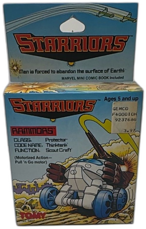 1984 Tomy Starriors Rammors Thinktank Scout Craft Pull N Go MISB: Vintage Tomy Starriors Rammors Thinktank Scout Craft, 1984, MISB. Classic 80s robot toy from Tomy, features motorized pull n go action and includes a Marvel mini comic book in package. Box artwork dep